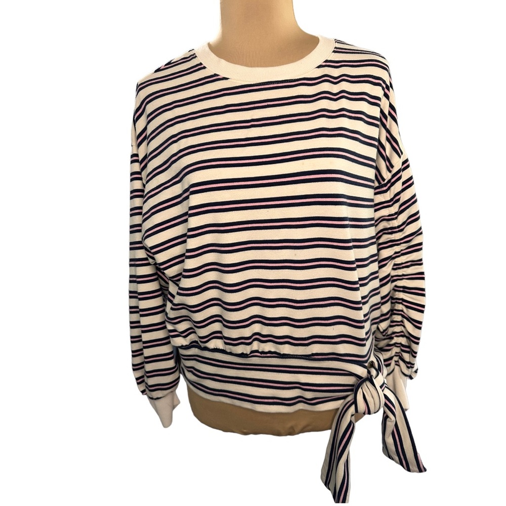Kensie Off White and Blue Striped Sweatshirt Size M Ruched Sleeve Side Tie